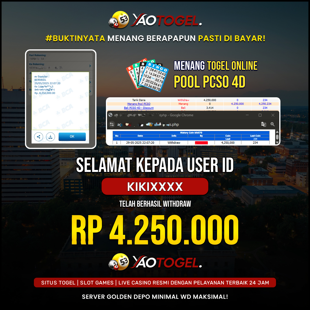 YAOTOGEL - BERHASIL JACKPOT TOGEL ONLINE POOL PCSO 4D