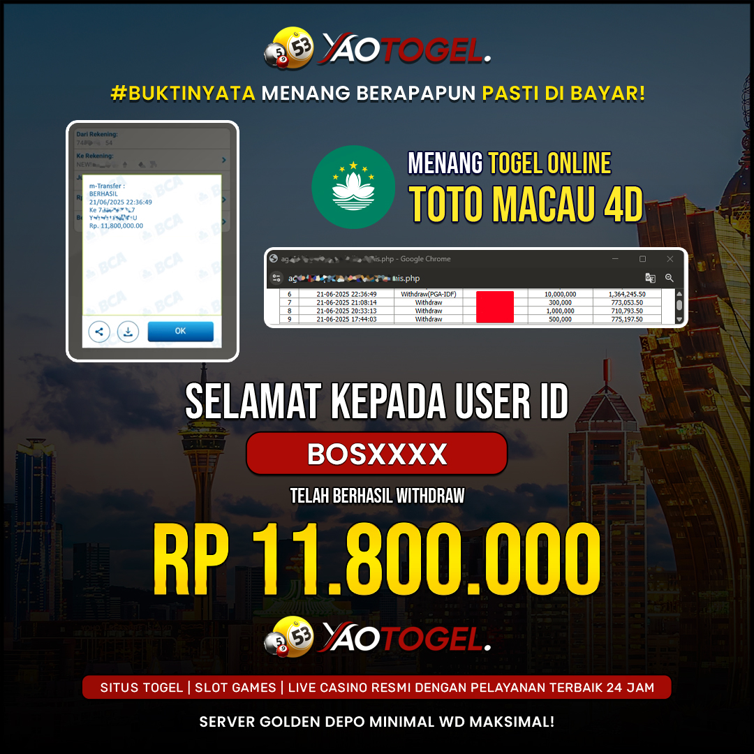 YAOTOGEL - BERHASIL JACKPOT TOGEL TOTO MACAU 4D